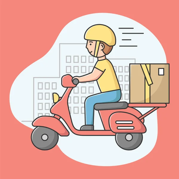 Hızlı Teslimat Servisi kavramı. Kurye paketi naklediyor. Adam motosikletle müşterilere paket teslim ediyor. Üniformalı işçi. Çizgi film Düz Dış Hatlar Biçimi. Vektör İllüstrasyonu — Stok Vektör