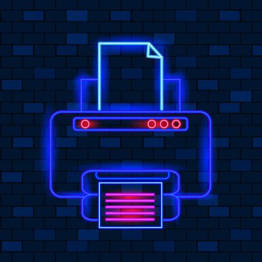 Vip Neon Simgeleri Konsepti. Siyah tuğlalı arka planı olan şirin Vip Neon ofis yazıcısı. Ofis evrakları ve muhasebeciler için aletler. Neon Parlayan Posta Kutusu Tabelası. Düz stil. Vektör İllüstrasyonu