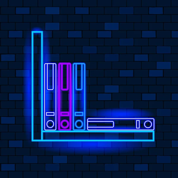 Conceito de Ícones de Néon Vip. Bonito Vip Neon Office Binder na prateleira em fundo de parede de tijolo escuro. Ferramentas para papelada de escritório e contador. Neon Glowing Mailbox Sign. Estilo plano. Ilustração vetorial — Vetor de Stock