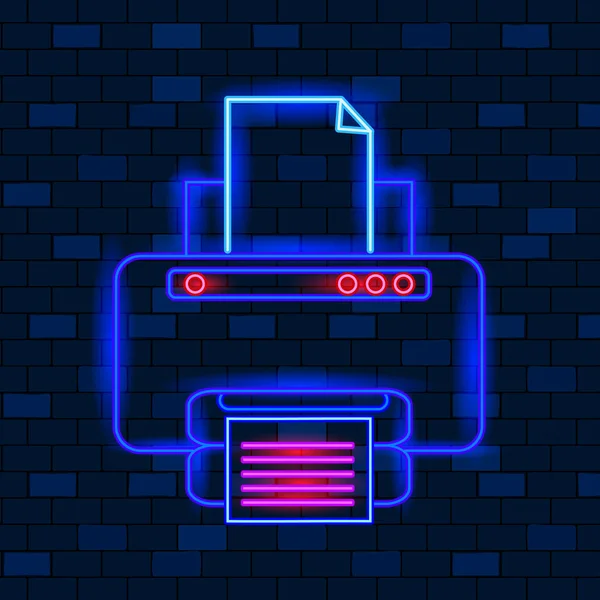 Vip Neon Icons Konzept. Nette Vip Neon Office Printer mit Papier auf dunklem Backstein-Hintergrund. Tools für Büropapier und Buchhalter. Neonglühendes Briefkastenschild. Flacher Stil. Vektorillustration — Stockvektor