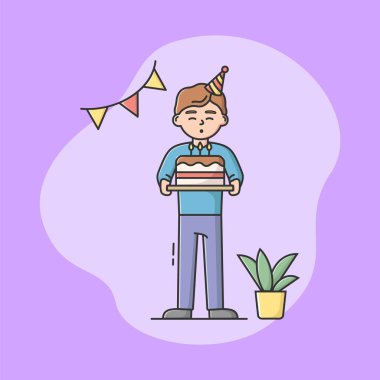 Çocuk Doğum Günü Partisi Kutlama Konsepti. Doğum günü çocuğu elinde pastayla mumları söndürüyordu. Mutlu çocuk tatili kutluyormuş. Çizgi film Düz Dış Hatlar Biçimi. Vektör İllüstrasyonu