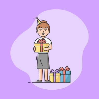 Çocuk Doğum Günü Partisi Kutlama Konsepti. Doğum günü kızı elinde fiyonklu hediye kutularıyla ayakta duruyor. Mutlu Gülümseyen Kadın bayramı kutluyor. Çizgi film Çizgi Dış Hattı Düz Biçim Vektör İllüstrasyonu