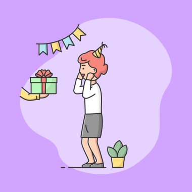 Doğum günü partisi kutlaması konsepti. Sürpriz doğum günü kızı, bir dilek hediyesi alıyor. Neşeli Mutlu Kadın, Tatili kutluyor. Çizgi film Çizgi Dış Hattı Düz Biçim Vektör İllüstrasyonu