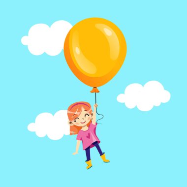 Çocuk Partisi, Çocuklar Tatil Daveti Konsepti. Mutlu Genç Gülümseyen Kız Bulutların Arasında Balonla Uçuyor. Doğum günü partisi davetiyesi. Çocuk Vakası Şablonu. Çizgi film Düz Biçim Vektör İllüstrasyonu