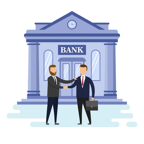 Concept Of Mortgage Loan, Business And Partnership. Two Cute Successful Businessmen Has Make A Deal Shaking Hand To Each Other On The Bank Building Background. Cartoon Flat Style. Vector Illustration — Stock Vector