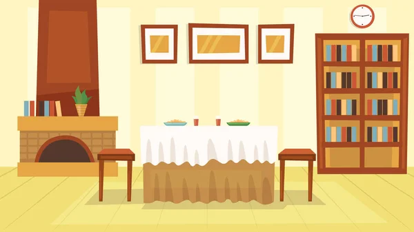 Konforlu İçişleri Konsepti. Güzel şömineli klasik ev yapımı masa, iki kişilik yemek ve içki servisi, kitaplık, saat, bitki ve resim. Çizgi film Düz Biçim Vektör İllüstrasyonu — Stok Vektör