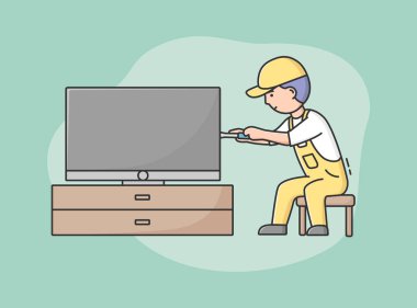 Kapsamlı Elektrik Hizmetleri. Üniformalı Profesyonel İşçi Tamircisi TV tamir ediyor. Karakter Onarım ve Aletleri Evde Kurar. Çizgi film Düz Dış Hatlar Biçimi. Vektör İllüstrasyonu