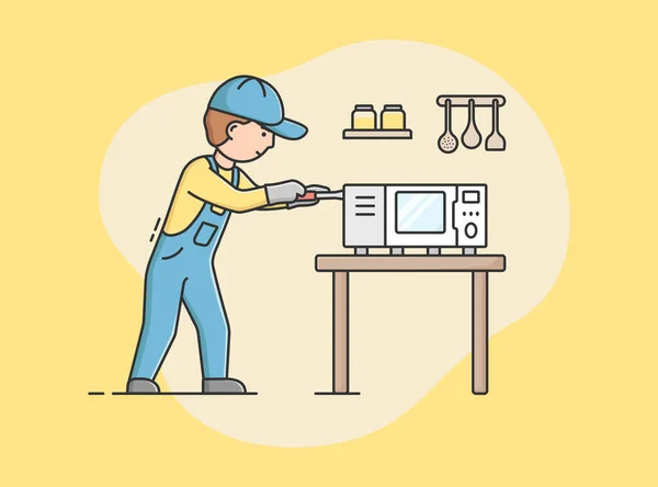 Concepto de Servicio de Electrodomésticos. Trabajador profesional reparador en uniforme fija microondas. Caracter Repara Aparatos de Cocina Rotos en el Hogar. Dibujos animados Esquema lineal Ilustración de vectores planos — Vector de stock