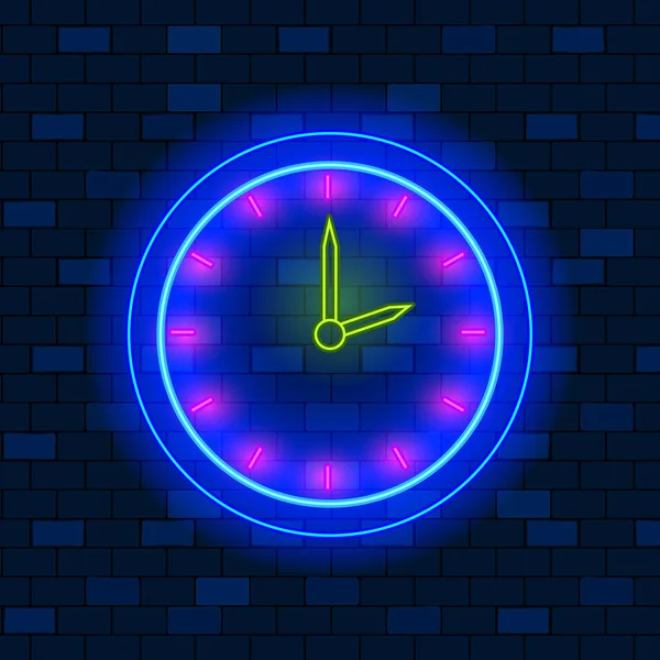 Konzept der Vip Neon Icons, Zeitvertreib oder Deadline. Nette Vip Neon-Uhr an der Wand auf dunklem Backstein-Wand-Hintergrund, der zwei OClock zeigt. Neonglühendes Briefkastenschild. Flacher Stil. Vektorillustration — Stockvektor