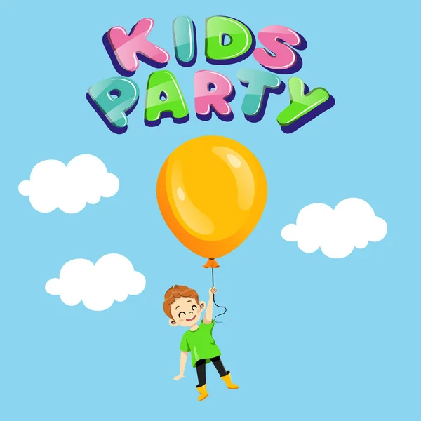 Kids Party, Children Holiday Convitation Concept (em inglês). Menino adolescente feliz voando no balão de hélio entre as nuvens. Convite de festa de aniversário. Modelo de Evento para Crianças. Desenhos animados em estilo plano. Ilustração vetorial — Vetor de Stock