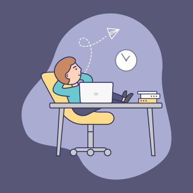 Son teslim tarihi, dönem ve zaman israfı kavramı. Temkinli bir iş adamı, ofis masasında bacaklarıyla koltuğa yaslanıyor. Adam işten kaytarıyor. Çizgisel Düz Vektör İllüstrasyonu