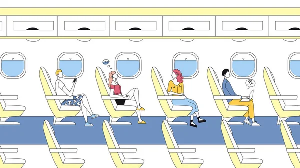 Concepto de Vuelos Internacionales de Pasajeros. Los personajes masculinos y femeninos se sientan en el avión y vuelan en vacaciones. Interior de la placa de avión moderno. Dibujos animados Linear Outline Flat Style. Ilustración vectorial — Archivo Imágenes Vectoriales