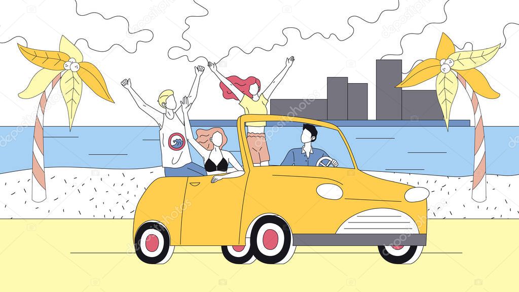 Concept Of Summer Holidays. Happy Friends Travel By Car On Summer Vacations. People Enjoy Driving Cabriolet. Male And Female Characters Travel. Cartoon Linear Outline Flat Style. Vector Illustration