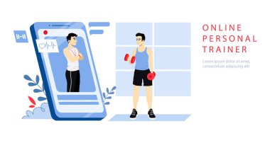 Çevrimiçi Kişisel Eğitmen Konsepti. Web sitesi İniş Sayfası. Adam antrenörle internetten ders alıyor. Akıllı Telefonun ekranına bakarak Dambılları Egzersiz Yapan Çocuk. Web Sayfası Düz Vektör İllüstrasyonu