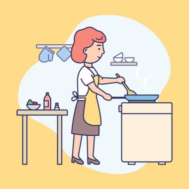 Yemek Şovu Konsepti. Genç kız, mutfakta yemek pişiriyor. Kadın karakterler tavada yemek kızartıyorlar. Ev hanımı sağlıklı yemekler pişiriyor. Çizgi film Düz Stili. Ana Hattı Doğrusal Vektör İllüstrasyonu