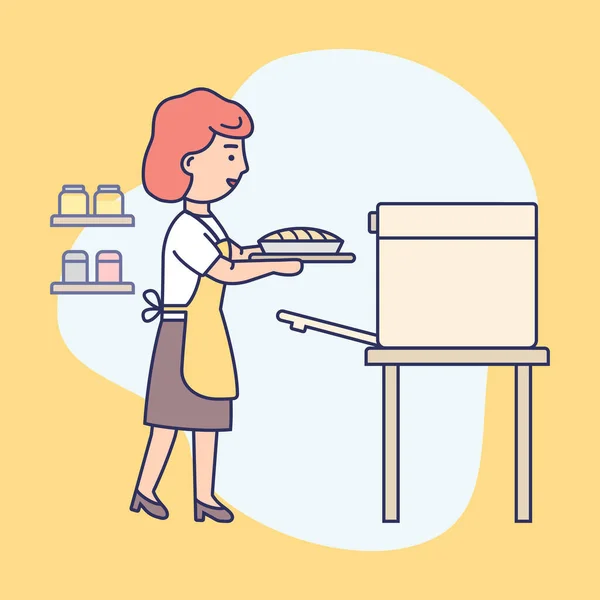 Το χαρούμενο κορίτσι μαγειρεύει στην κουζίνα, ψήνοντας νόστιμη πίτα ή ψωμί. Γυναίκα χαρακτήρας παίρνει το πιάτο έξω από το φούρνο. Η νοικοκυρά μαγειρεύει υγιεινό φαγητό. Κινούμενο σχέδιο επίπεδη γραμμική απεικόνιση διανυσμάτων — Διανυσματικό Αρχείο