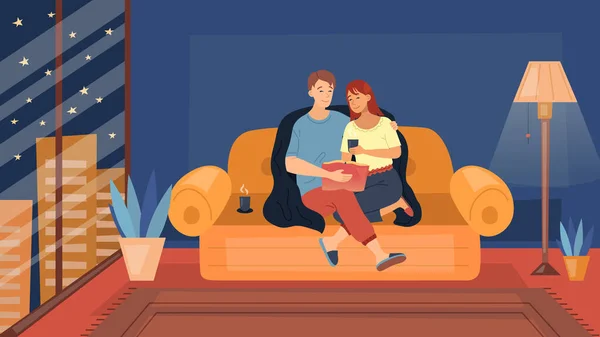 Family Leisure Concept. Young Couple Man And Woman Sit On The Sofa With Night Cityscape Background Hugging Each Other And Read Book At Home, Have A Good Time. Cartoon Flat Style. Vector Illustration — Stock Vector