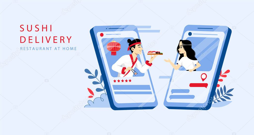 Sushi Order Online And Delivery Concept. Website Landing Page. Young Girl Orders Sushi By Mobile Application. Cook With Five Stars Rating Cooking Tasty Meal. Web Page Cartoon Flat Vector Illustration