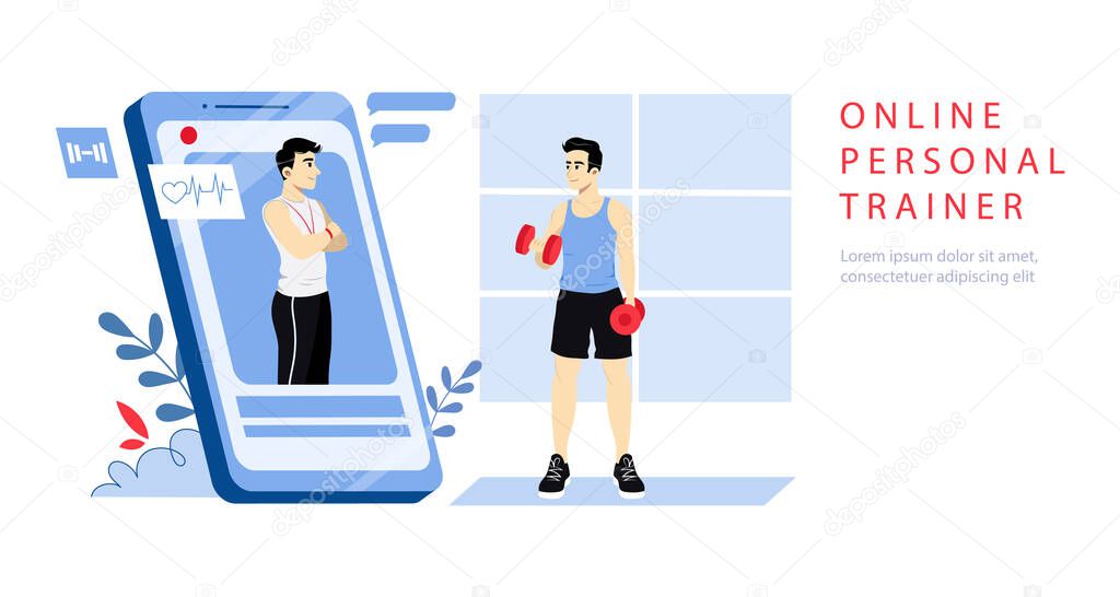 Concept Of Online Personal Trainer. Website Landing Page. Man Takes Online Course With Trainer. Boy Exercising Dumbbells Looking On The Screen Of Smartphone. Web Page Cartoon Flat Vector Illustration