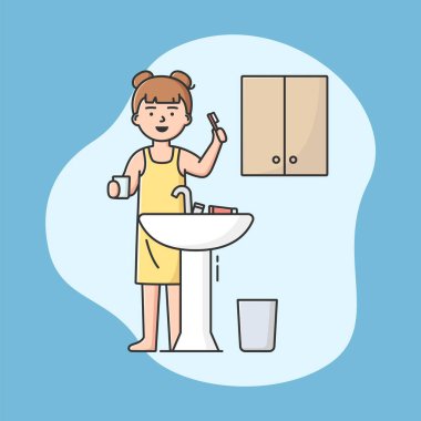 Diş ve Diş Sağlığı Tedavisi Konsepti. Banyoda diş fırçasıyla diş temizleyen mutlu gülümseyen genç kız. Ağız temizliği kontrolü. Çizgi film Düz Dış Hatlar Biçimi. Vektör İllüstrasyonu