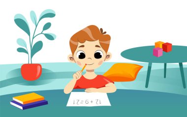 Çocuk eğitimi ve okula dönüş kavramı. Gülümseyen çocuk evde matematik ödevini yapıyor. Çevrimiçi Çocuk Çalışmaları. Karantina sırasında kendi kendine eğitim. Çizgi film Düz Stili. Vektör İllüstrasyonu