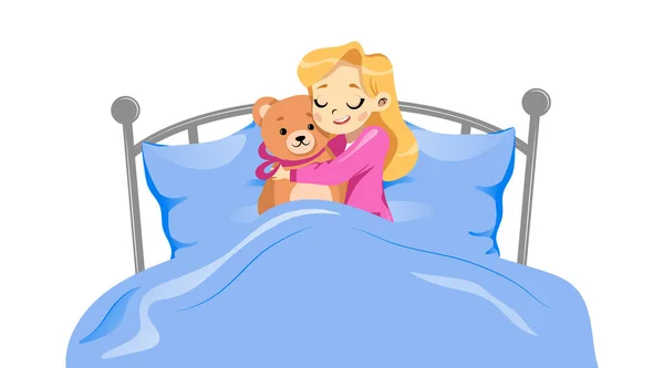 Fogalom a gyerekkorról. A fiatal, boldog lány egy ágyban fekszik Teddy Macival. A lány ölelgeti Toy-t, ahogy fekszik az ágyon a takaró alatt. Barna maci rózsaszín szalaggal. Rajzfilm Flat Style. Vektorillusztráció — Stock Vector