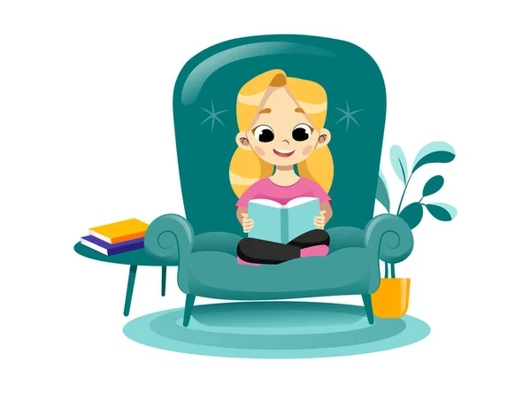 Concept Of Kids Creativity, Promotional Children Development, Creative Educational Art And Crafts Center. Happy Girl Read Book Sitting In Big Armchair. Creative Class. Flat Style. Vector Illustration — Stock Vector