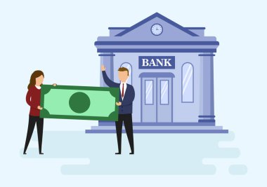 Mortage Kredi ve Yatırım Tipleri Konsepti. İşadamları banka binasının önünde büyük bir banknot tutuyor. Başarılı Yatırımın Metaforu. Çizgi film Düz Stili. Vektör İllüstrasyonu