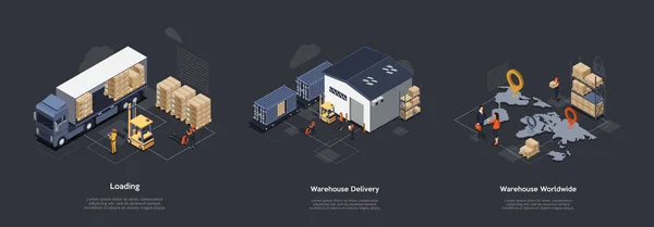 Isometric Depo Çalışma Süreci Konsepti. On Time Worldwide Teslimat. Teslimat Ekipmanı ve Profesyonel Personel Denetim İşlem Düzenleme, Yükleme ve Yükü Boşaltma. Vektör Resimleri Ayarlandı