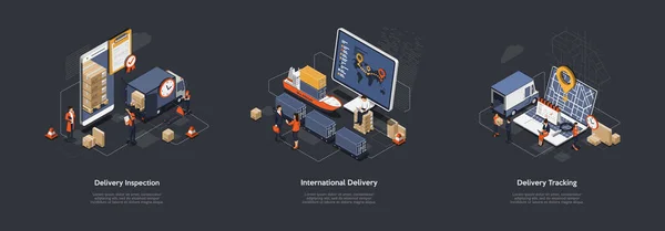 Isometric 3d Uluslararası Teslimat ve Küresel Lojistik. Personel İşlemi. Büyük bir sevkiyat denizcilik, arazi ve demiryolu taşımacılığının birçok siparişi. Vektör Resimleri Ayarlandı