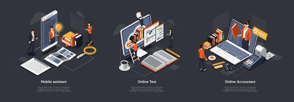 Isometric 3D Online Test, Accountant And Mobile Assistant. Customer Online Support, Testing And Education. Professional Specialists Offer Their Services Online And Remotely. Vector Illustrations Set — Stock Vector