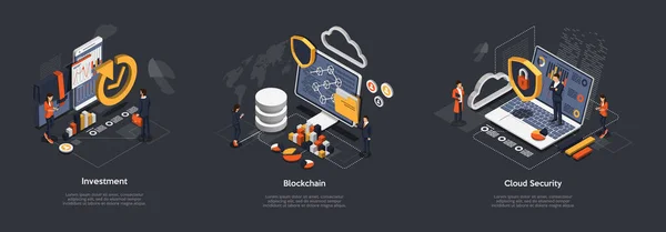 Isometric Blockchain, Cloud Security and Investments Concept. Les gens fournissent la protection des données, coffre-fort des investissements, services Cloud d'attaques de pirates et les menaces de piratage. Ensemble d'illustrations vectorielles — Image vectorielle