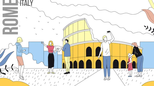 Conceito de viajar para a Itália, Roma Cityscape com marcos. Turistas Reserva Tour com guia, tirar uma foto, passar um bom tempo juntos. Desenhos animados Linear Esboço Plana Estilo Vector Ilustração — Vetor de Stock