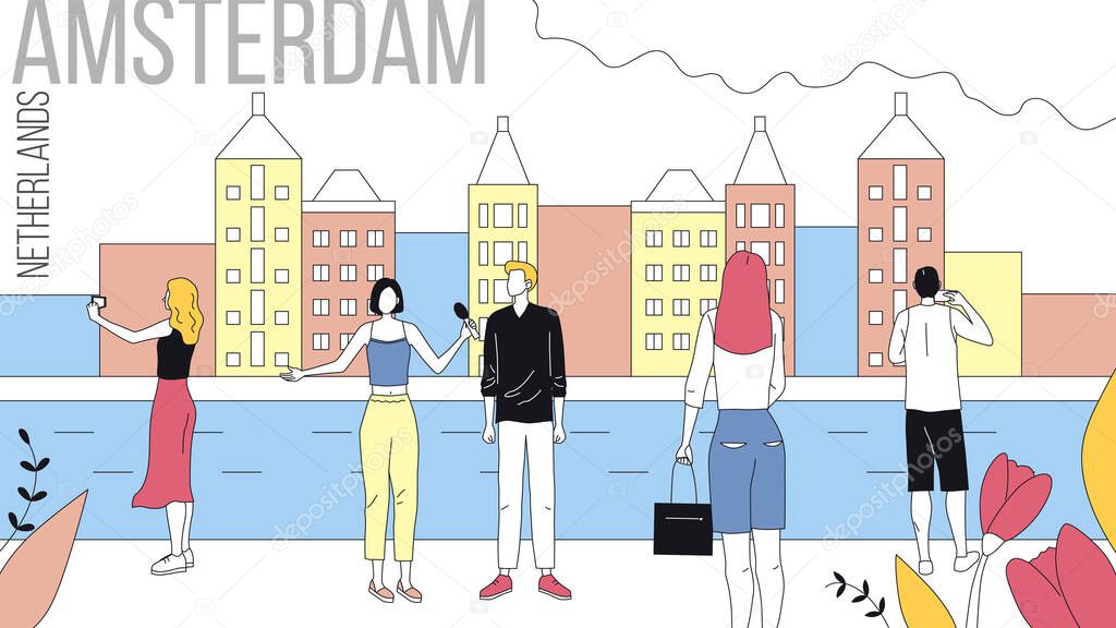 Concept Of Travelling To Holland. Amsterdam Cityscape with Landmarks. Tourists Booking Tour With Guide, Take A Photos, Spending A Good Time Together. Cartoon Linear Outline Flat Vector Illustration