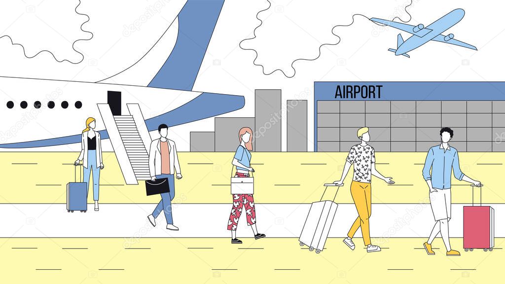 Concept Of Air Flights. People Exit From Airplane And Go Towards Airport Terminal. Group Of Business People And Tourists With Luggage. Arrival Plane. Cartoon Linear Outline Flat Vector Illustration