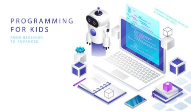 Isometric 3 boyutlu STEM Eğitimi kavramı, Çevrimiçi Çocuklar İçin Kurslar. Web sitesi İniş Sayfası. Programlama kursları, çocuklar için robot bilimi, bilgisayar programlama kampı. Web Sayfası Vektör İllüstrasyonu