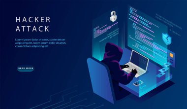 Isometric Internet ve Kişisel Veri Hackerı Saldırısı Konsepti. Web sitesi İniş Sayfası. Bilgisayardaki Hacker güvenliği hacklemeye çalışıyor. Kredi kartı, Banka Hesap Hackleme. Web Sayfası Vektör İllüstrasyonu