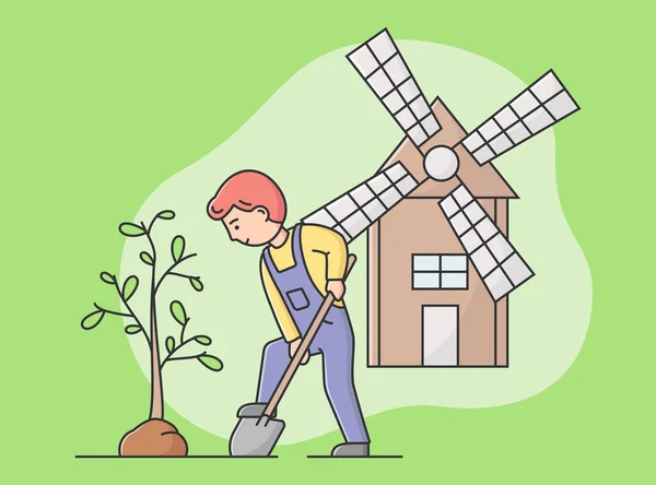 Gartenkonzept. Der Mensch gärtnert, pflanzt und pflegt Pflanzen. Gärtner gräbt Erde um und pflanzt Bäume auf dem Hof mit Windmühle. Cartoon Lineare Umrisse Flache Vektor Illustration — Stockvektor