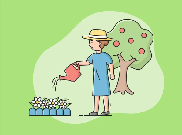 Концепция озеленения. Женщина занимается садоводством, поливает цветы лейкой. Садовник работает на цветочной кровати на заднем дворе возле большого яблочного дерева. Мультфильм "Линейный набросок плоского стиля" — стоковый вектор