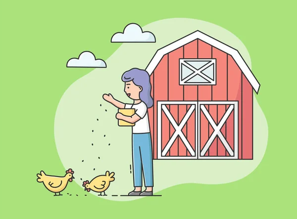 Conceito de agricultura ecológica, fazenda de aves. Mulher está alimentando frango por grãos no quintal. Mulher cuida do lar. Granary vermelho grande no fundo. Desenhos animados Linear esboço plana Vector Ilustração —  Vetores de Stock