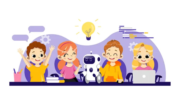 Çocuklar için robotik kursları. Robotlar Tasarım, Programlama ve Onarım, Akıllı Teknolojiler. Robot ve Infographic 'li Neşeli Çocuklar Grubu. Çizgi film Düz Stili. Vektör İllüstrasyonu