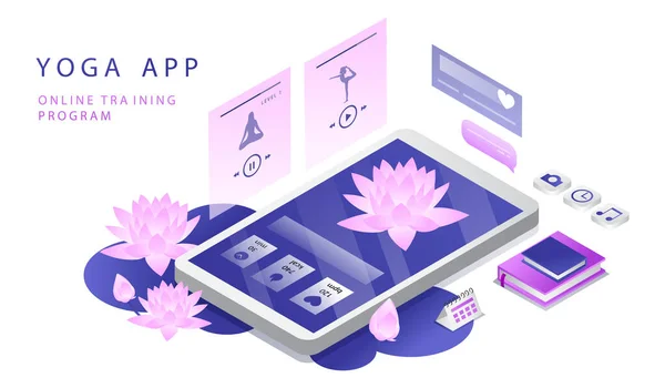 Ισομετρική 3D έννοια των online μαθημάτων γιόγκα. Ιστοσελίδα Landing Page. Εφαρμογή Mobile για Yoga Online Ασκήσεις. Smartphone με Infographics και Lotus Λουλούδια. Εικονογράφηση τομέα κινουμένων σχεδίων ιστοσελίδας — Διανυσματικό Αρχείο