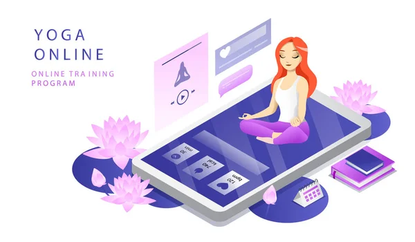 Isometrische 3D Concept van Online Yoga Cursussen. Website landingspagina. Jonge vrouw neemt Yoga Online Cursus. Meisje Oefening met Online Yoga zittend in Lotus Pose. Webpagina Cartoon Vector Illustratie — Stockvector