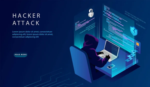 Isometric Internet ve Kişisel Veri Hackerı Saldırısı Konsepti. Web sitesi İniş Sayfası. Bilgisayardaki Hacker güvenliği hacklemeye çalışıyor. Kredi kartı, Banka Hesap Hackleme. Web Sayfası Vektör İllüstrasyonu