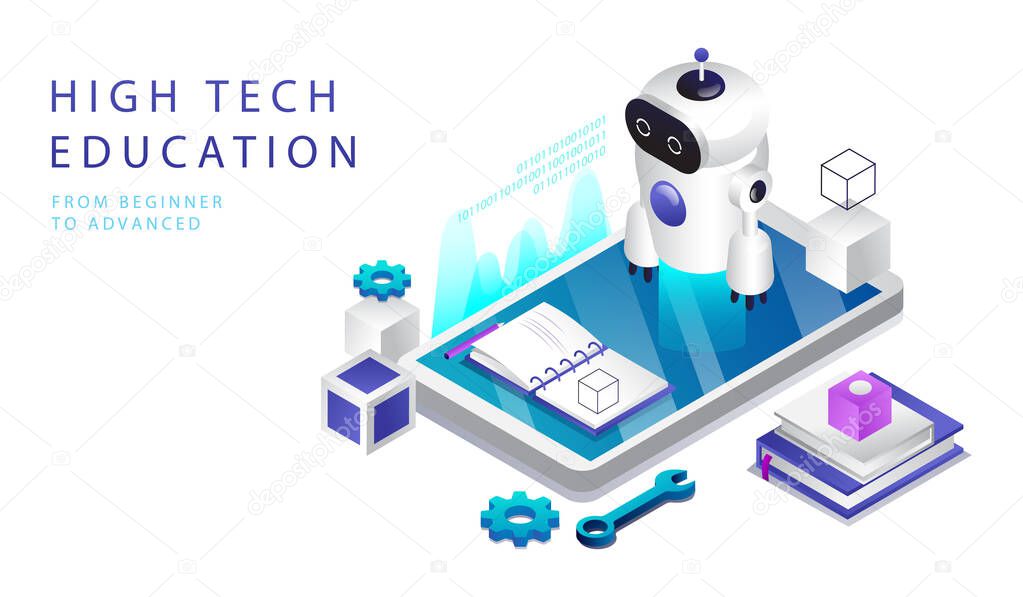 Isometric Concept Of High Tech Education. Website Landing Page. Remote Courses Of Modeling, Programming, Coding And Automatization Of Robots. Fashion Robot On Smartphone. Web Page Vector Illustration