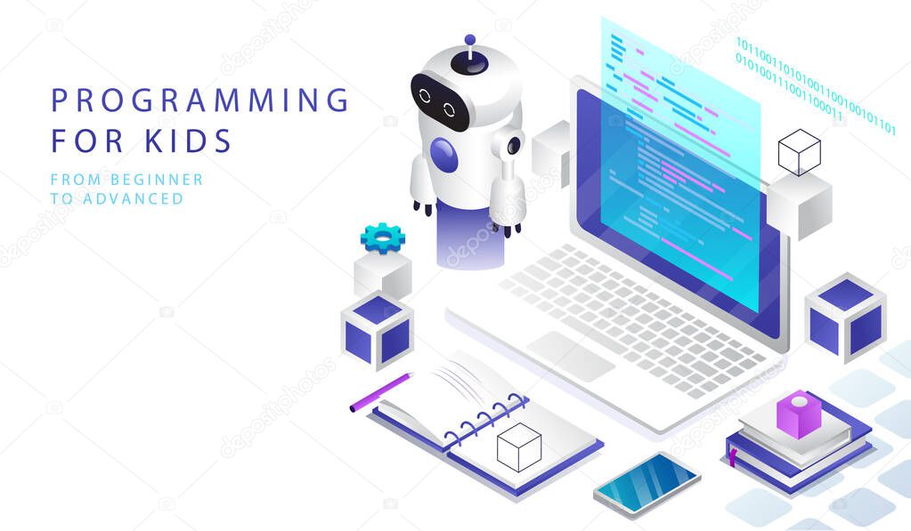 Concept Of Isometric 3D STEM Education, Online Courses For Children. Website Landing Page. Programming Courses, Robotics For Children, Computer Programming Camp. Web Page Cartoon Vector Illustration