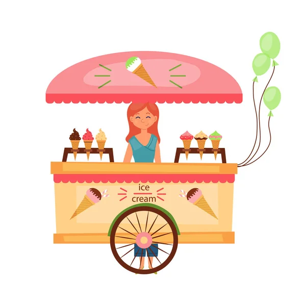 Concepto de Streed Food. Chica joven estudiante venta helado en móvil carro de café con muchos tipos de helado y globos verdes aislados en el fondo blanco. Dibujos animados estilo plano. Ilustración vectorial — Vector de stock