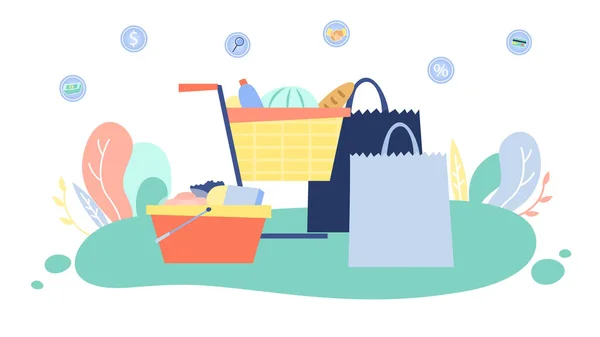 Concepto de compras en línea. Carro grande, cesta y bolsas de supermercado con suministro de alimentos en fondo abstracto con infografía. Pedido en línea de alimentos y entrega a casa. Dibujos animados Estilo plano Vector Ilustración — Archivo Imágenes Vectoriales