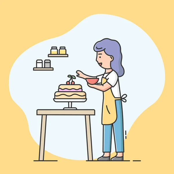 Konzept von Hobbys und Kuchen kochen. Glückliche Frau kocht Essen in der Küche, backt und dekoriert leckeren Kuchen. Frau dekoriert Kuchen mit Früchten Cartoon Flache Umrisse Linearer Vektor Illustration — Stockvektor