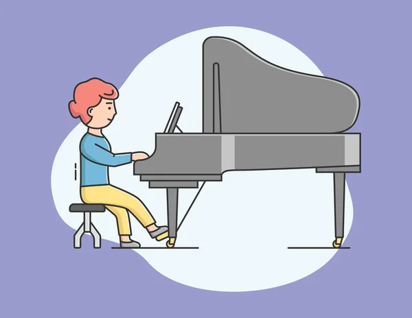 Концепция музыкальных инструментов. "Talent Woman Plays Piano On Concert". "Pianist Playing Musical Composition on Grand Piano". Девушка наслаждается своим хобби. Мультфильм "Линейный набросок плоского вектора" — стоковый вектор